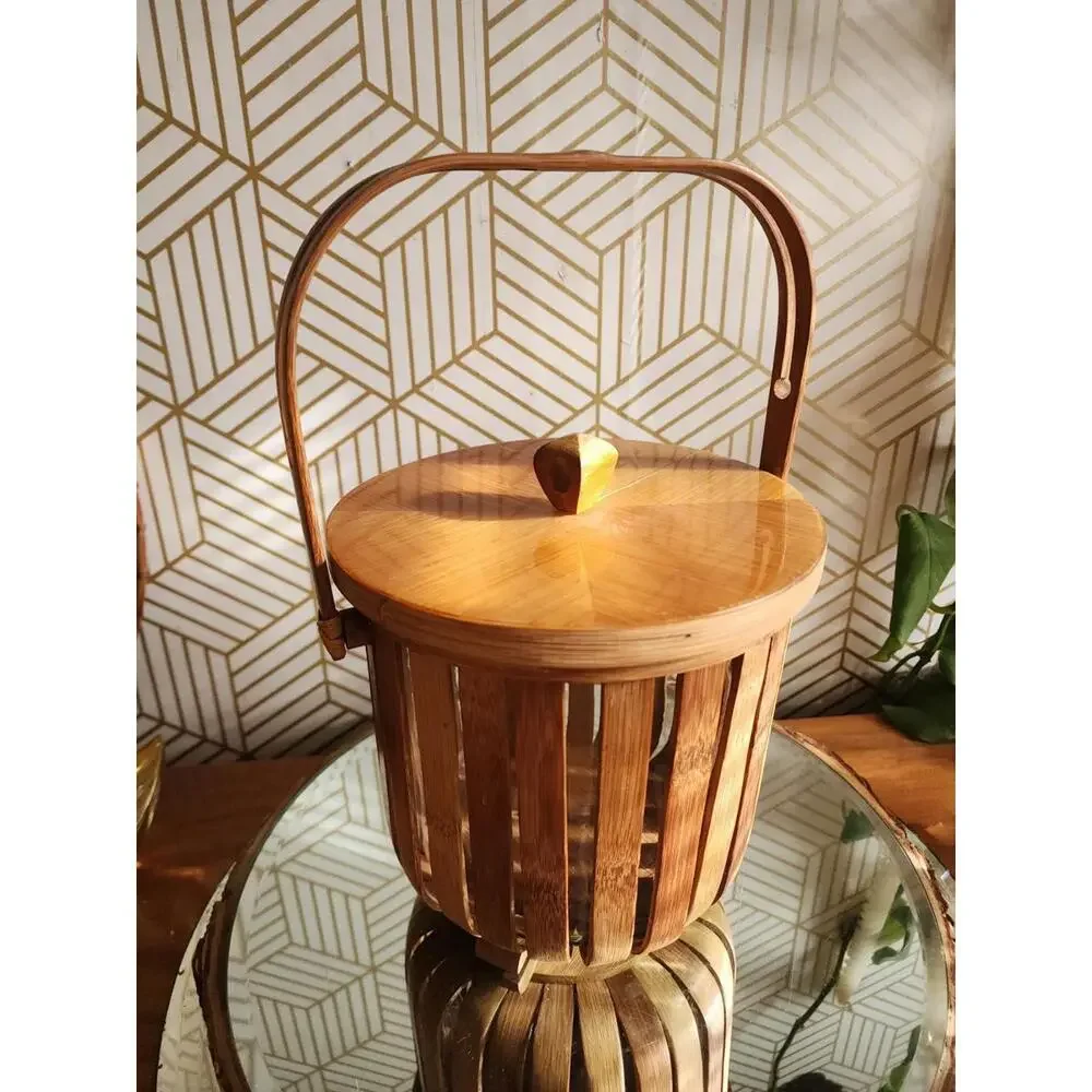 Vintage Bamboo And Glass Ice Bucket With Lid